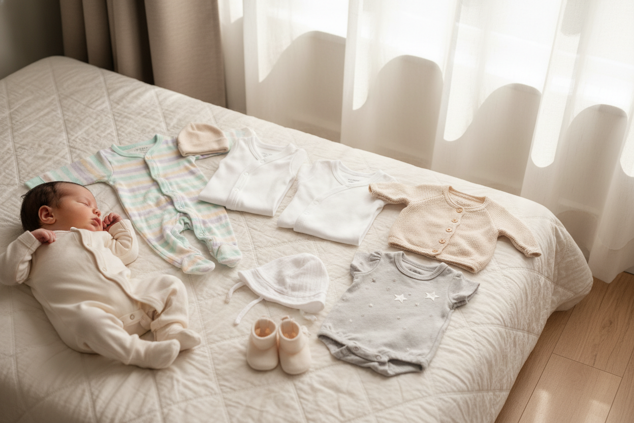 Newborn sleeping next to cozy 0 3 month clothes, perfect gift ideas for babies and families