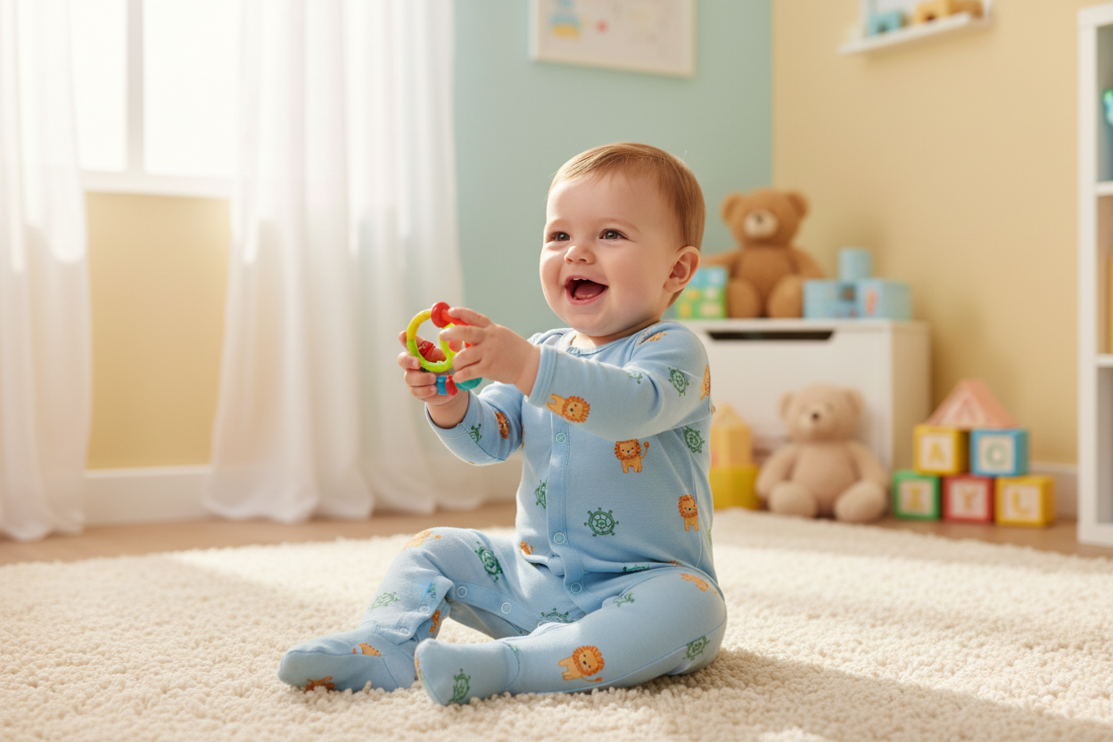 Smiling baby playing in a cozy nursery while wearing a soft blue baby boy romper with cute animal prints
