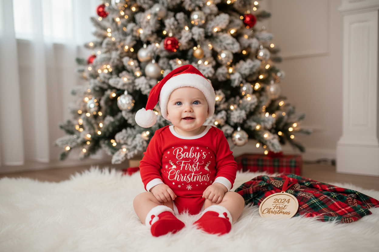 Adorable baby first Christmas outfit ideas featuring a festive red onesie and Santa hat by the tree