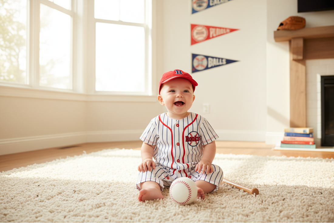 Smiling baby wearing a baseball jumpsuit and cap, perfect for cute sporty outfits for kids