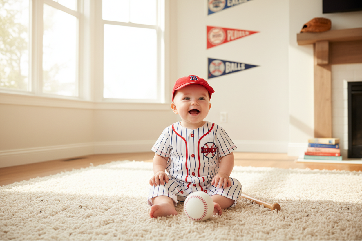 Smiling baby wearing a baseball jumpsuit and cap, perfect for cute sporty outfits for kids