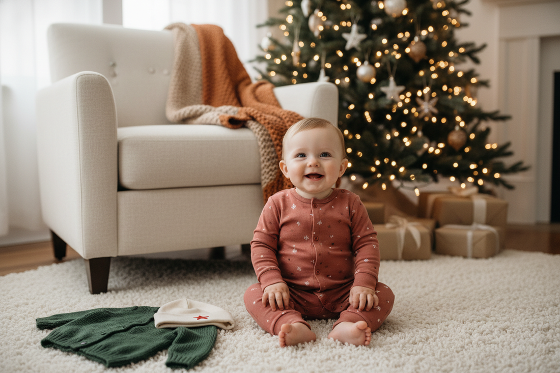 Smiling baby in festive baby clothes sits by a Christmas tree, inspiring holiday outfit ideas for parents