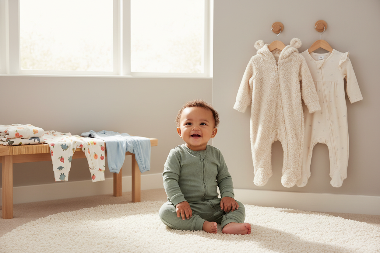 Adorable baby wearing soft jumpsuits & rompers, perfect gift ideas for families and loved ones