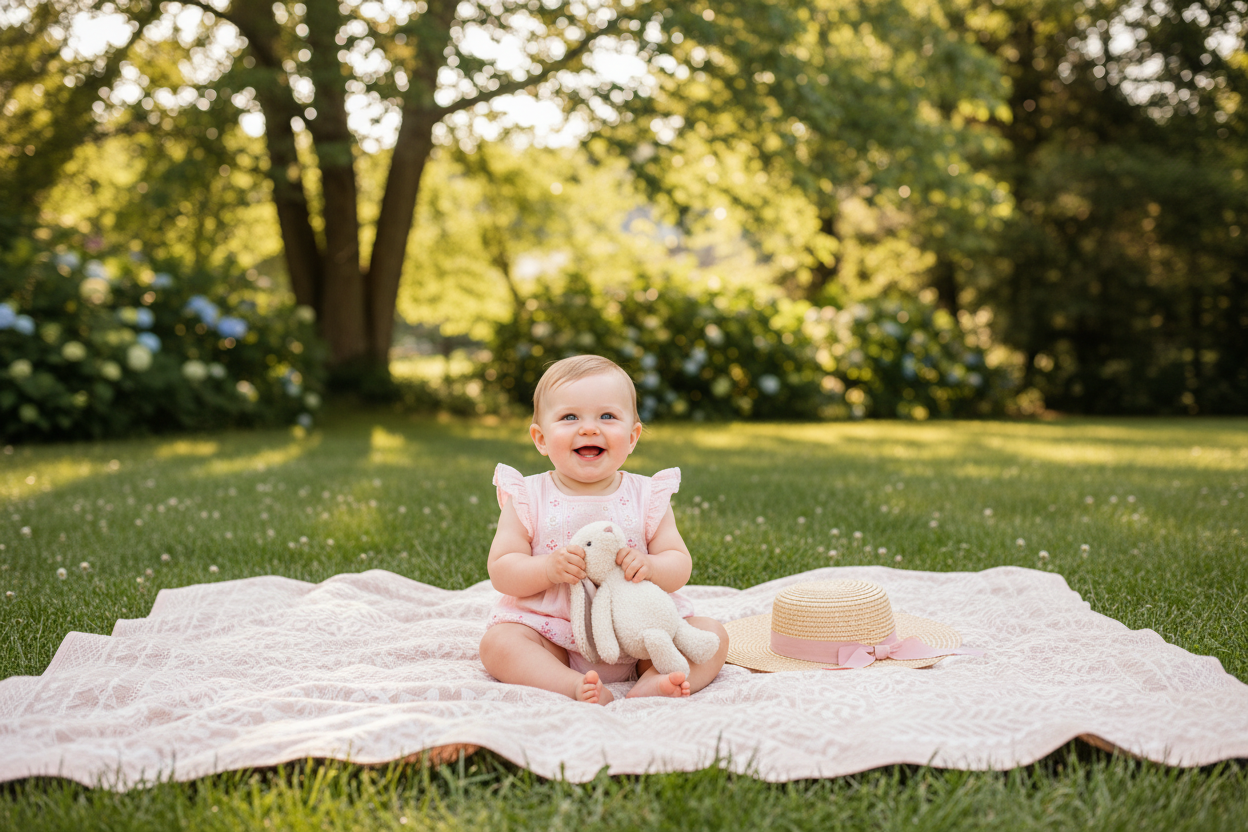 Smiling baby girl in a soft cotton romper enjoying a sunny picnic, perfect for thoughtful gift ideas
