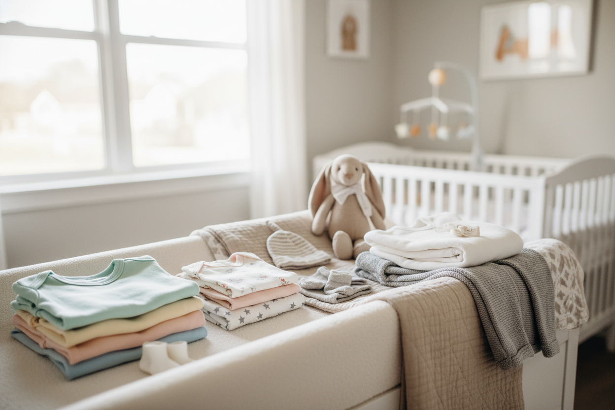 Soft and colorful 0 3 month clothes neatly folded in a cozy nursery, perfect for new baby gifts