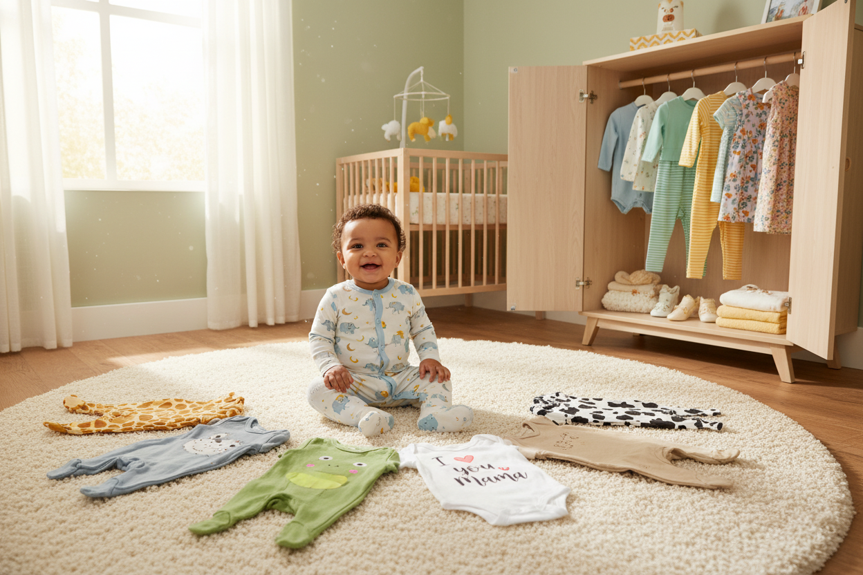 Smiling baby surrounded by colorful 6 to 9 months clothes in a cozy nursery for parents