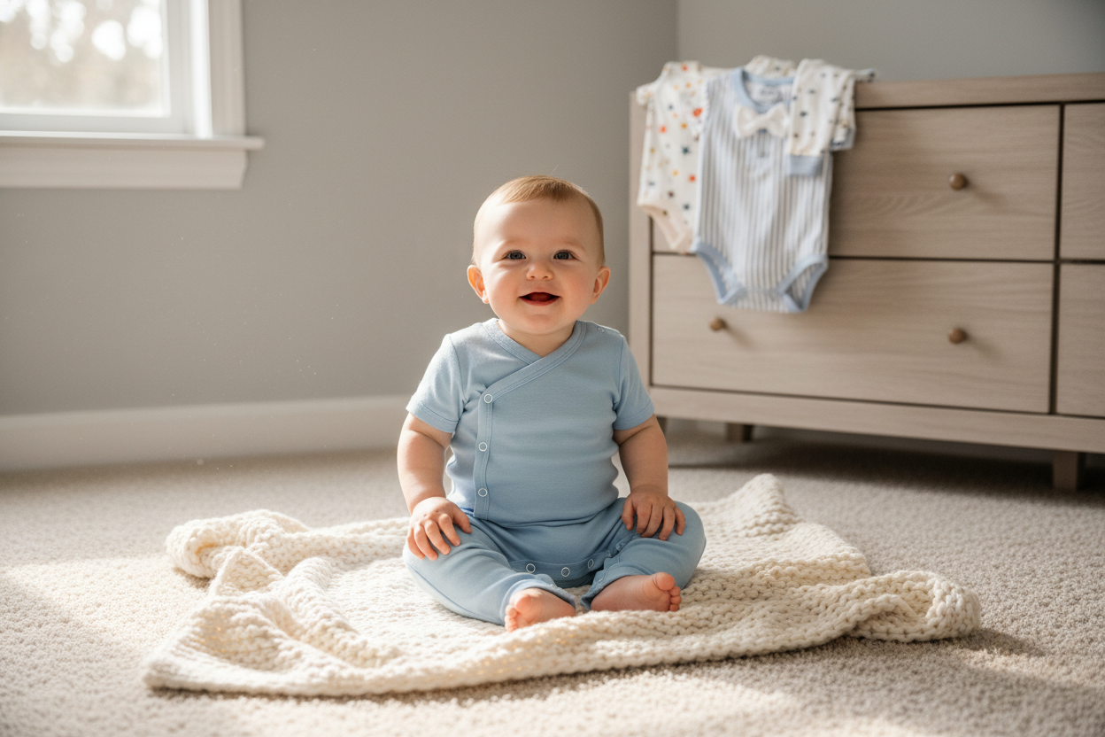 Smiling baby boy wearing comfortable baby boy rompers in a cozy nursery, perfect for gifting ideas