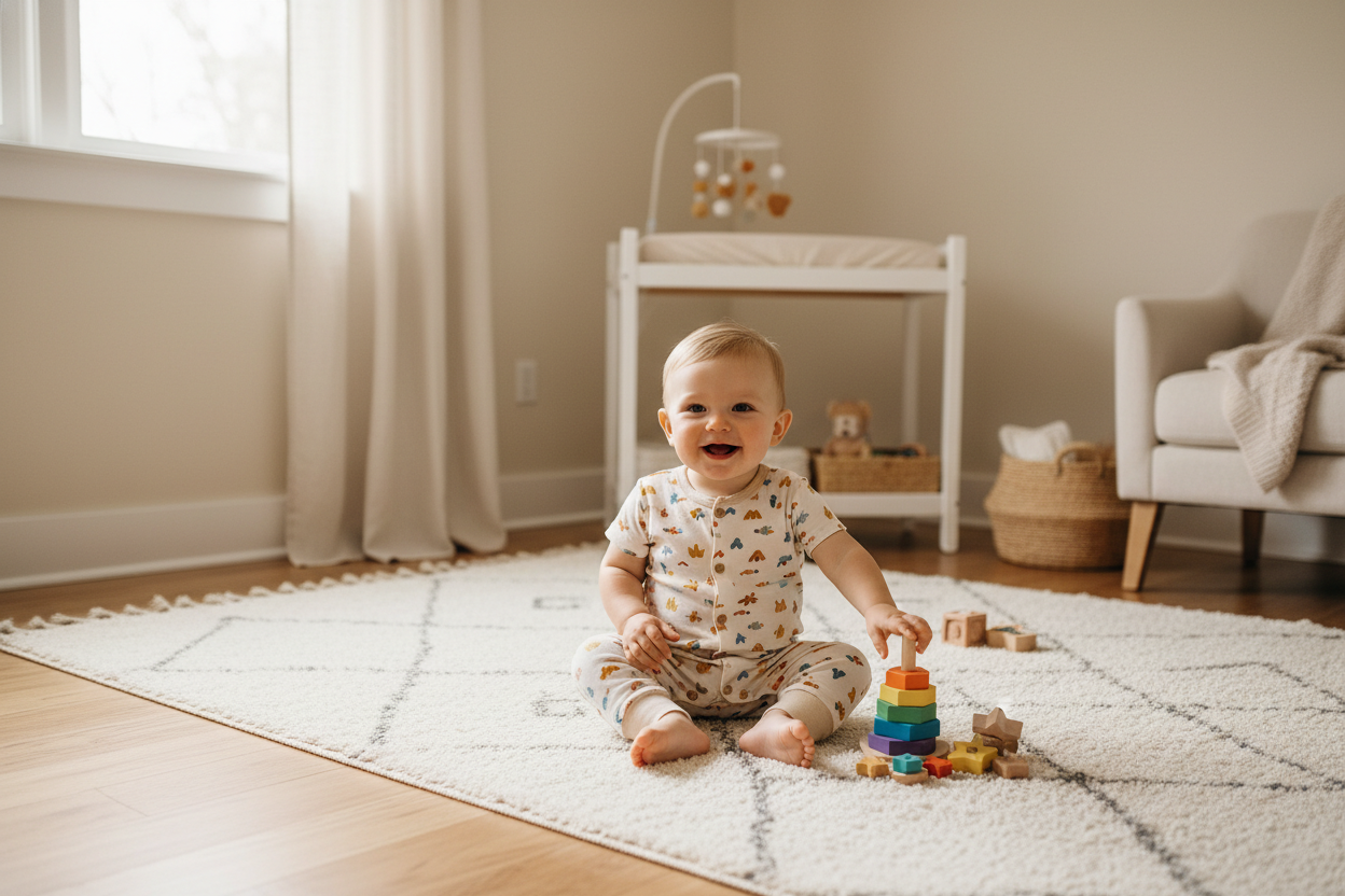 Smiling baby wearing cute baby boy rompers playing with colorful stacking toys in a cozy nursery