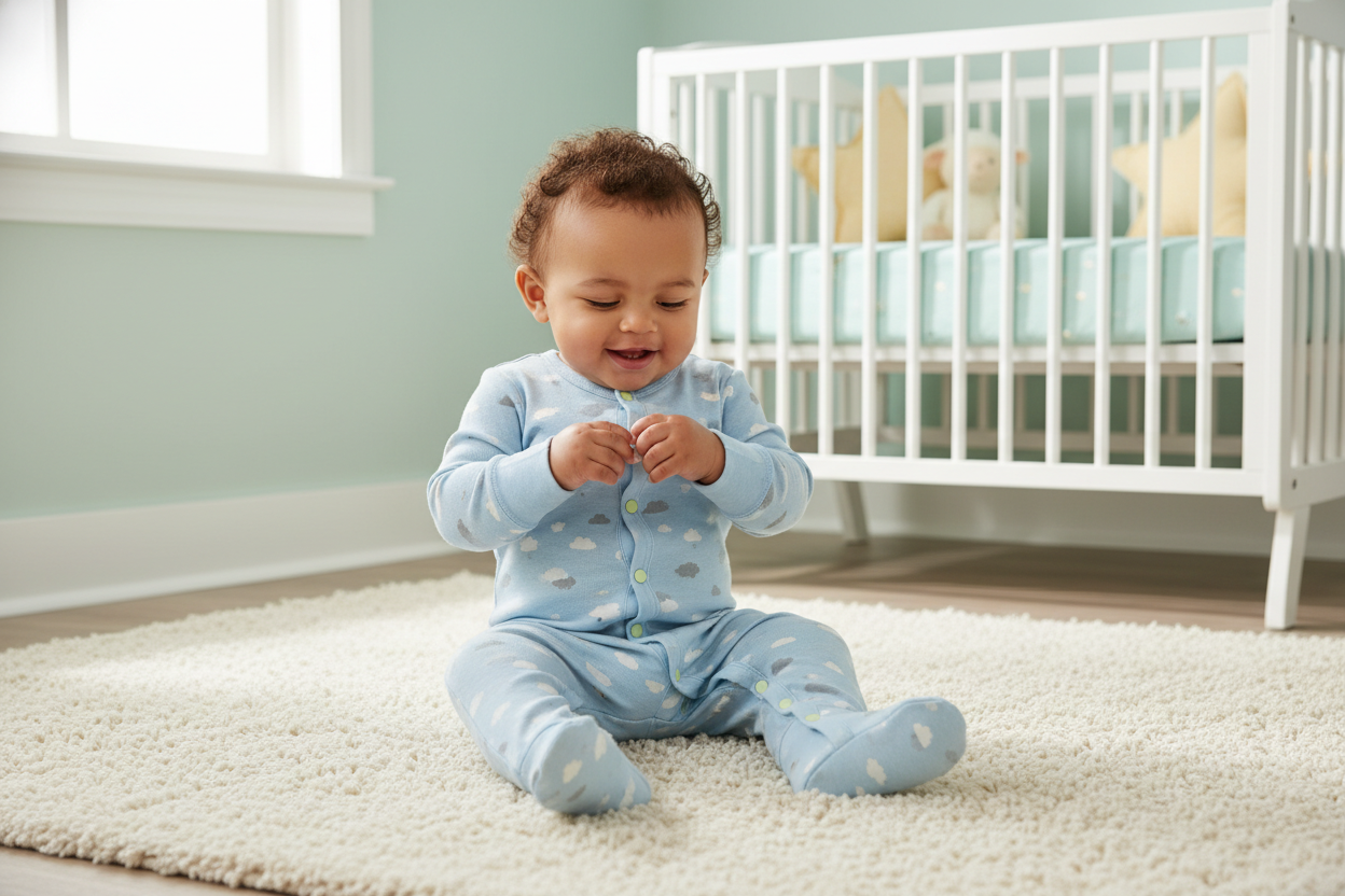 Smiling baby wearing a cozy blue jumpsuit highlights practical baby jumpsuit features for comfort and ease