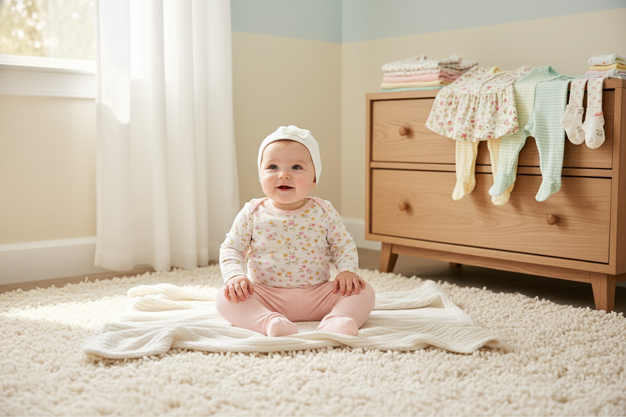 Adorable baby girl wearing soft cotton clothing with floral prints, perfect gift ideas for little ones