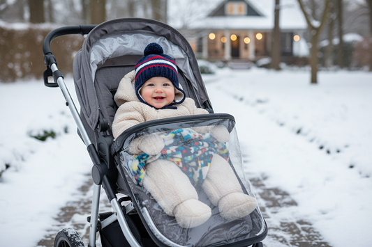 Smiling baby in cozy baby winter wear and hat enjoying a stroller ride in snowy weather