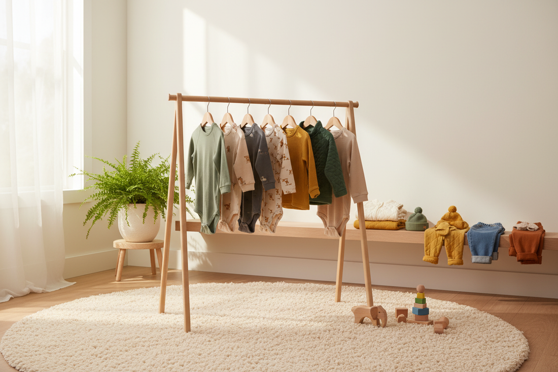 Soft, stylish gender neutral baby clothes in earthy tones displayed in a cozy nursery for modern parents