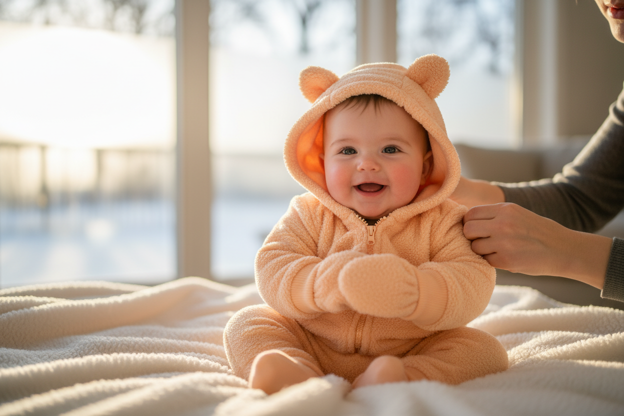 Smiling baby wearing a cozy fleece baby hoodie with bear ears, perfect for keeping little ones warm