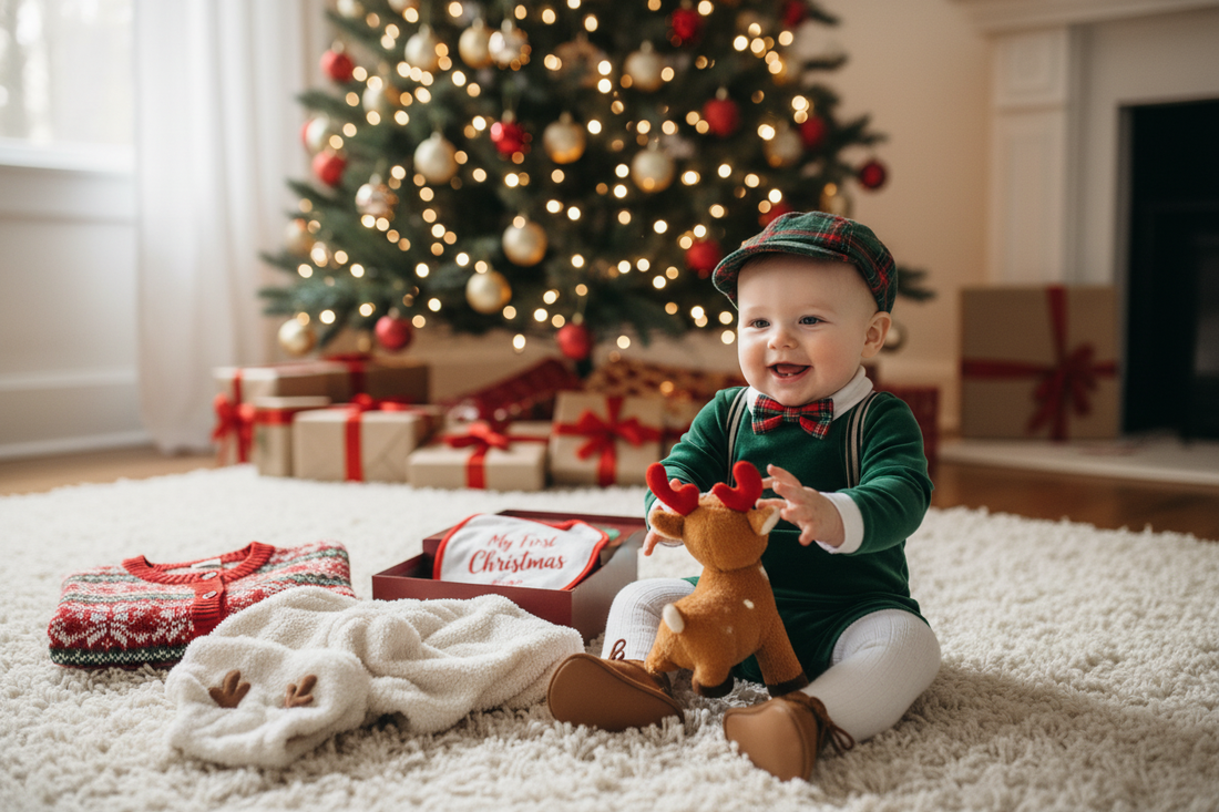 Festive baby holiday outfit ideas with a plaid bow tie and cozy Christmas accessories for parents to try