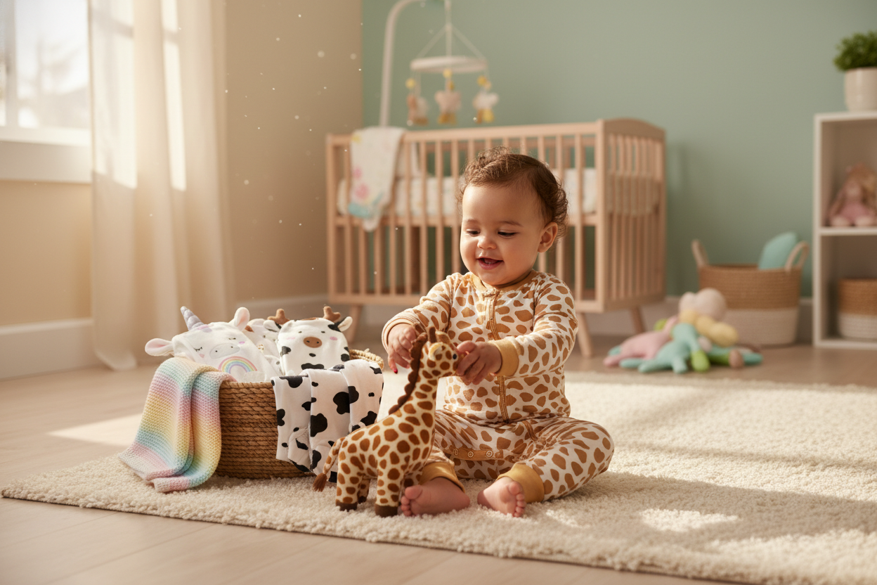 Smiling baby girl in a cozy giraffe print baby girl jumpsuit playing with a plush toy in nursery
