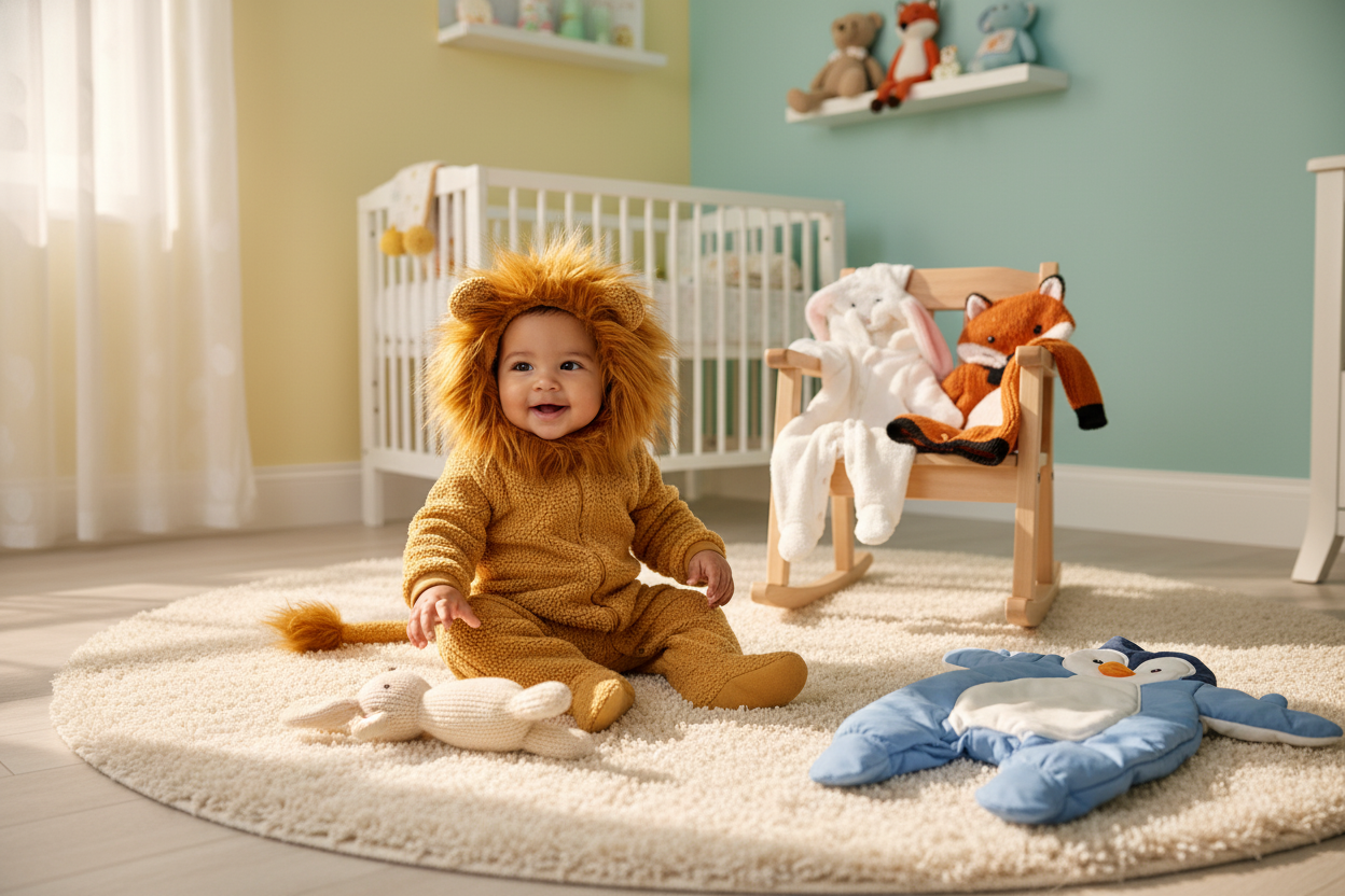 Adorable baby animal outfits for infants, featuring a cozy lion costume and playful nursery inspiration
