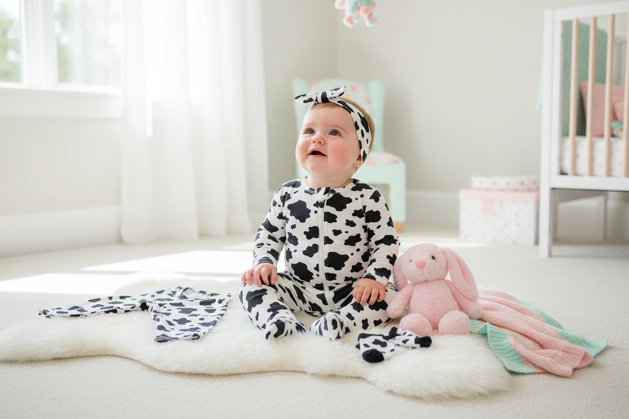 Adorable baby girl cow print outfit with matching headband, perfect gift idea for family and friends