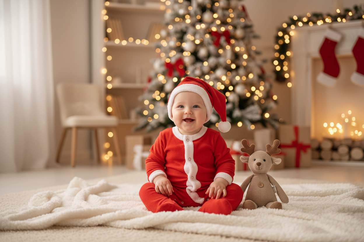 Smiling baby in festive baby holiday outfit with Santa hat, perfect for family Christmas photos