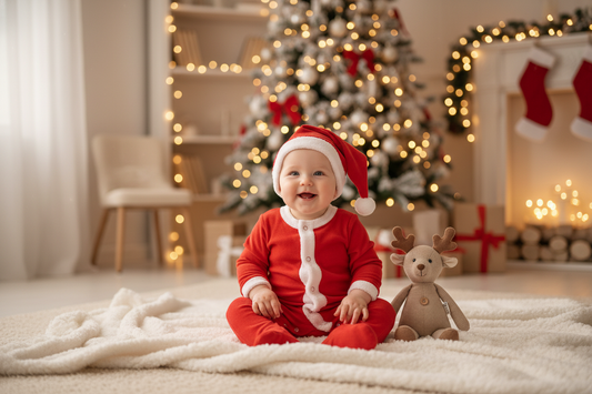 Smiling baby in festive baby holiday outfit with Santa hat, perfect for family Christmas photos