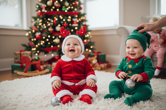 Adorable baby holiday outfits featuring festive Santa and elf costumes for Christmas family celebrations