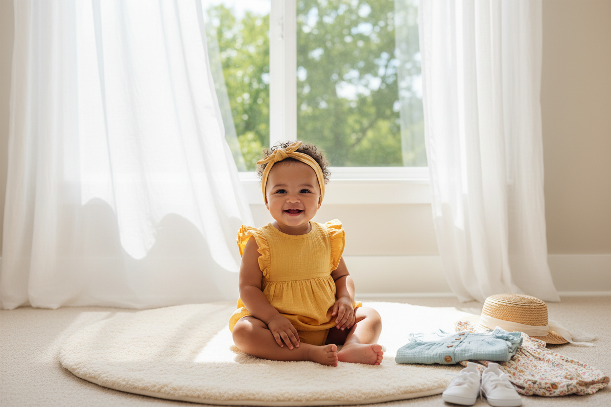 Smiling baby in bright baby summer romper outfits with accessories for warm weather style ideas