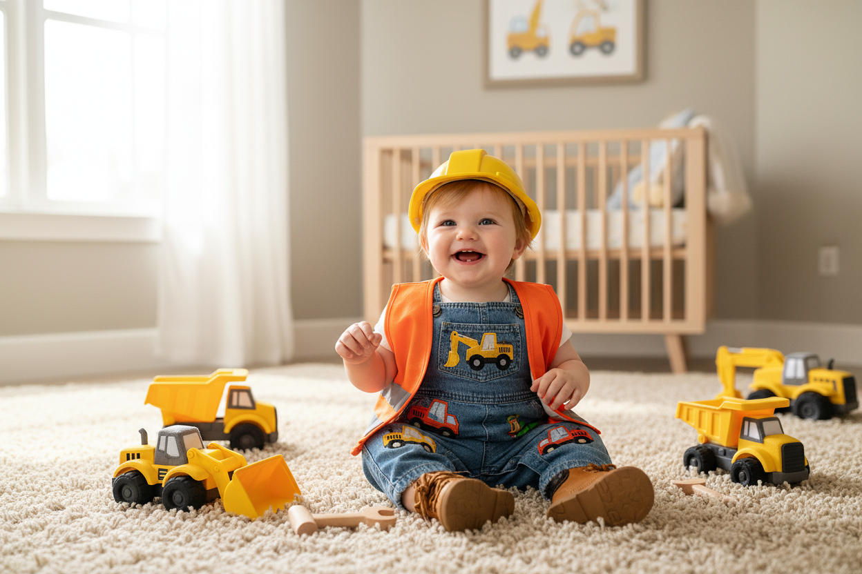 Smiling baby wearing construction themed baby clothes and hard hat surrounded by toy trucks in a nursery