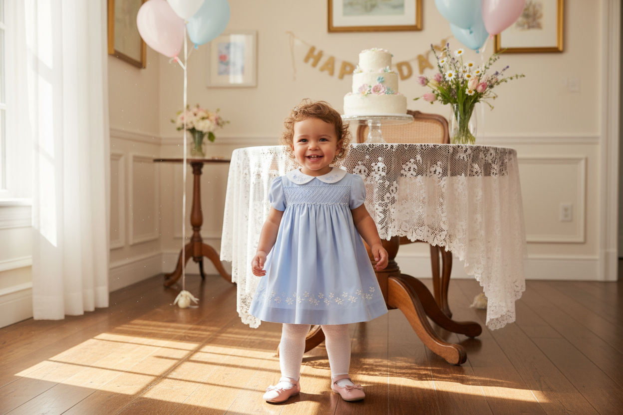Smiling toddler shows off adorable toddler girl dress styles at a birthday party celebration