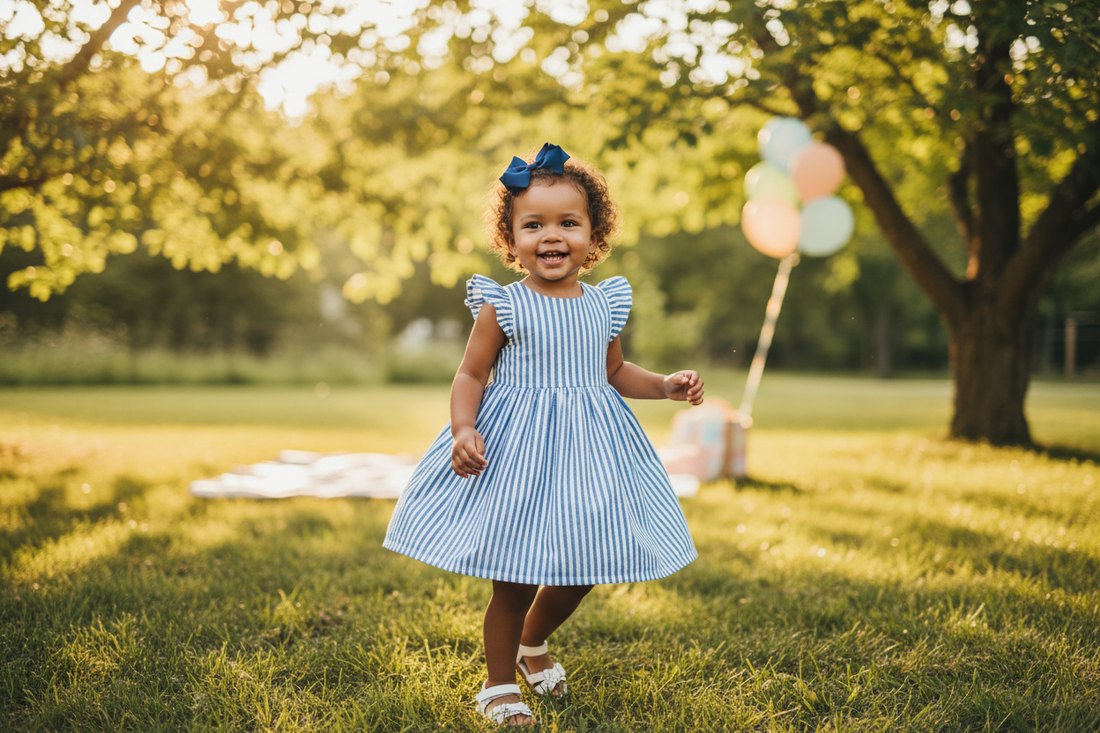 Smiling toddler girl in a striped summer dress playing outdoors, perfect inspiration for toddler girl summer dresses