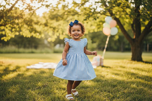 Smiling toddler girl in a striped summer dress playing outdoors, perfect inspiration for toddler girl summer dresses