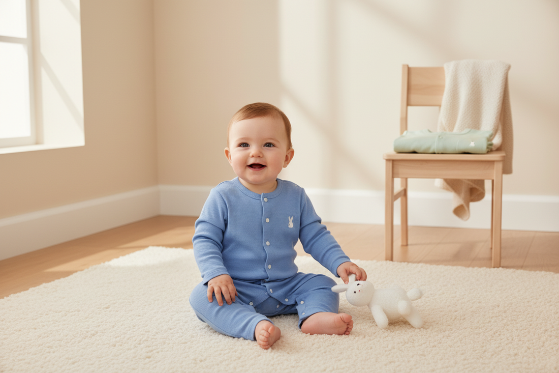 Smiling baby in a cozy baby blue romper playing on a soft rug, perfect for stylish comfort