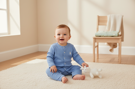 Smiling baby in a cozy baby blue romper playing on a soft rug, perfect for stylish comfort