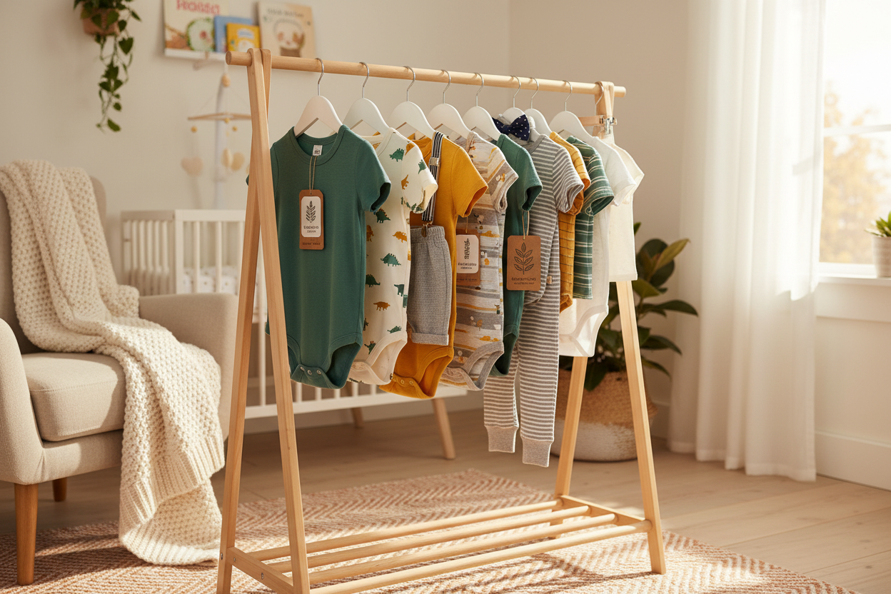 Adorable baby boy clothes in soft colors and playful prints displayed in a cozy nursery setting