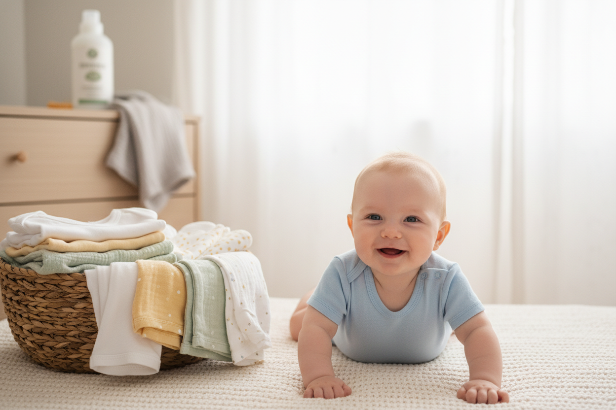 Smiling baby wearing baby clothes for sensitive skin with soft cotton outfits in a cozy nursery