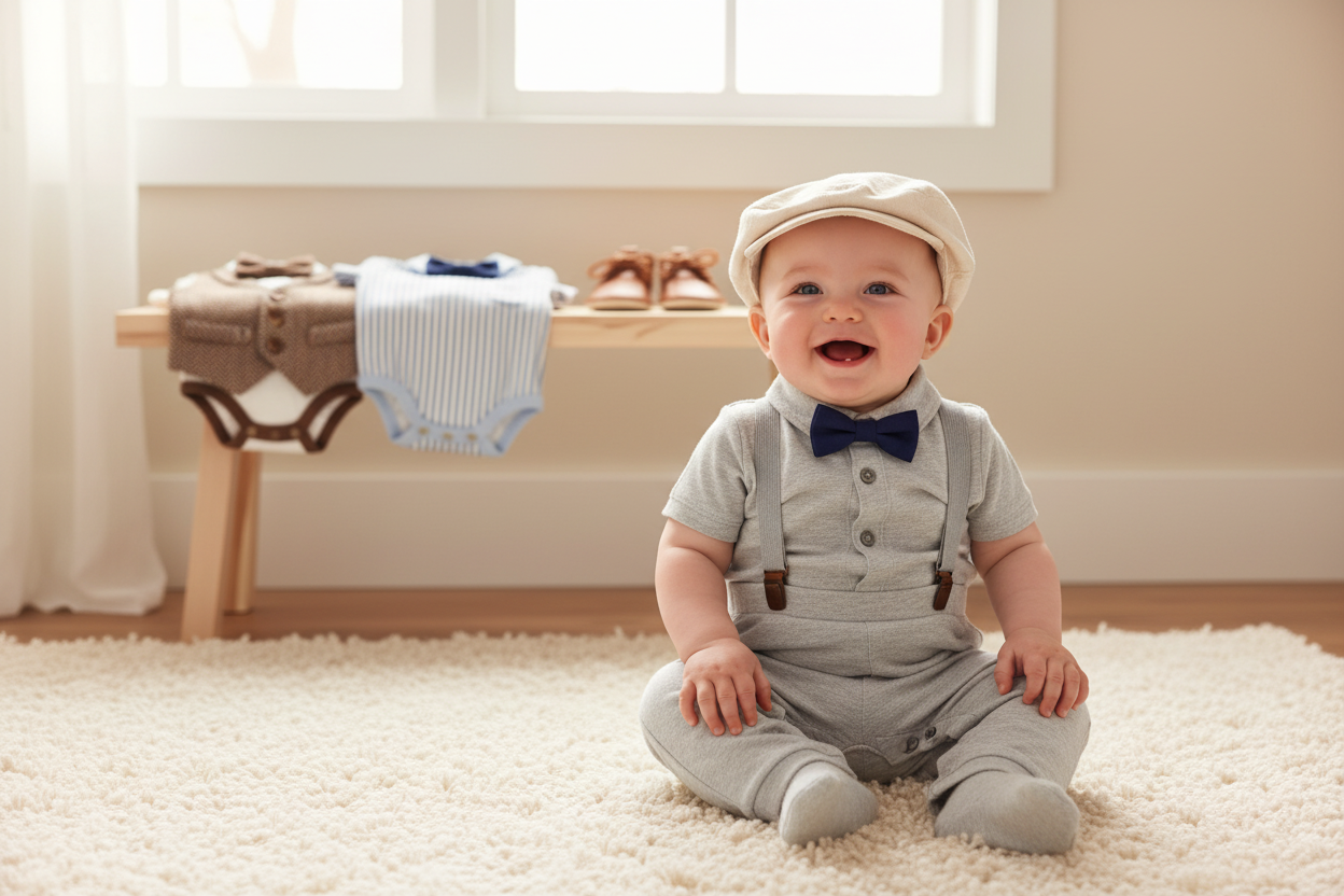 Smiling baby gentlemen in stylish bow tie and suspenders inspire cute outfit ideas for parents