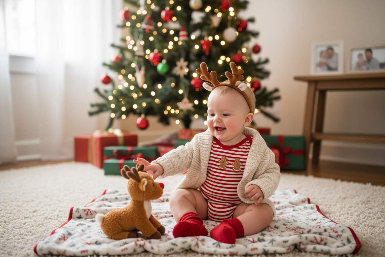 Adorable baby in festive attire inspires baby first Christmas outfit ideas for parents