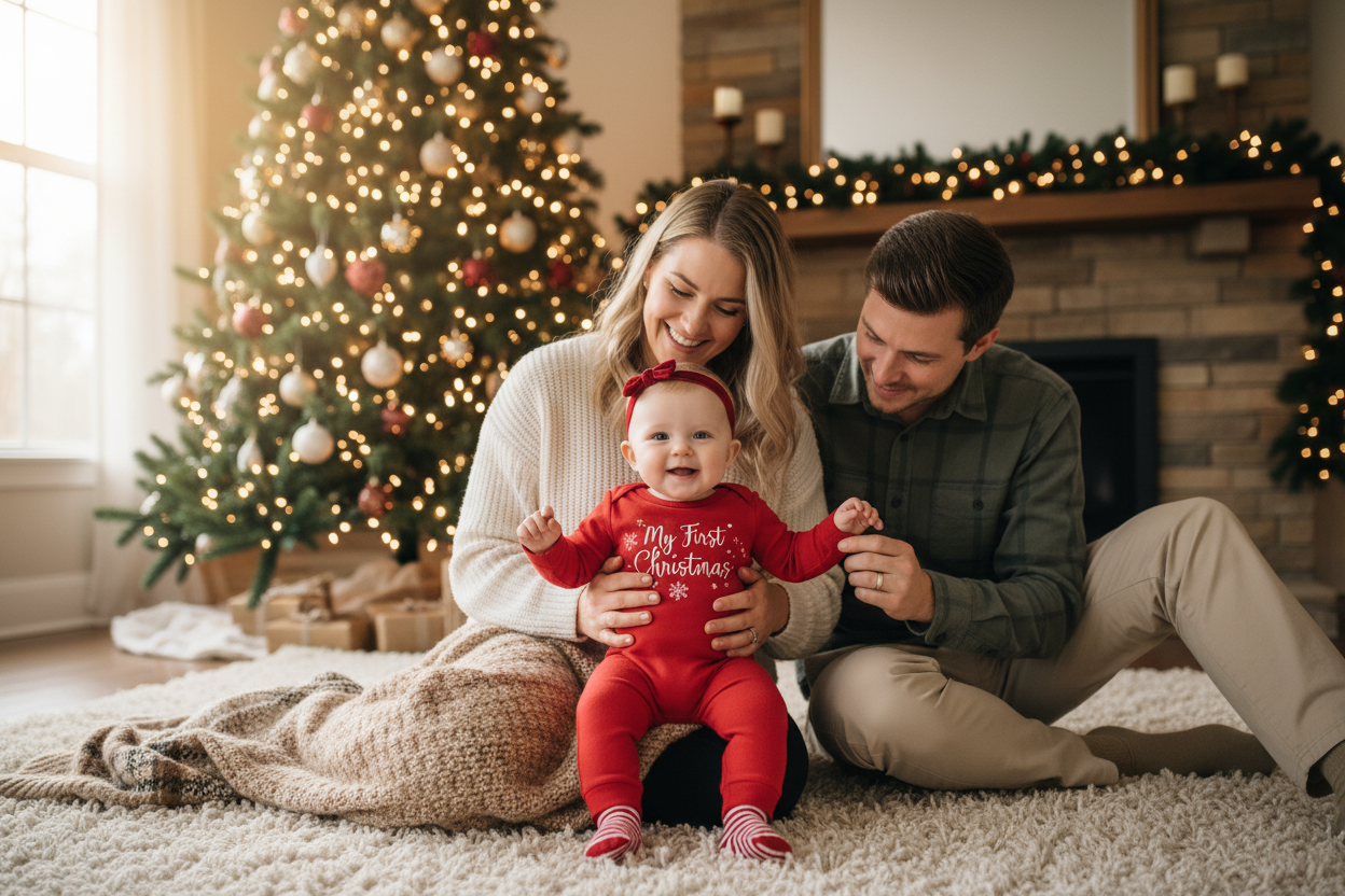 Happy family celebrating with baby's first holiday outfit in front of a decorated Christmas tree