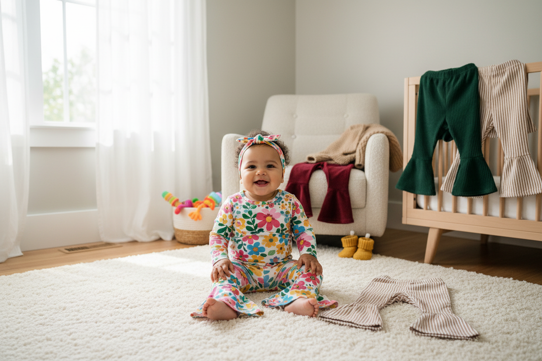 Smiling baby in colorful bell bottom sets offers playful fashion inspiration for parents