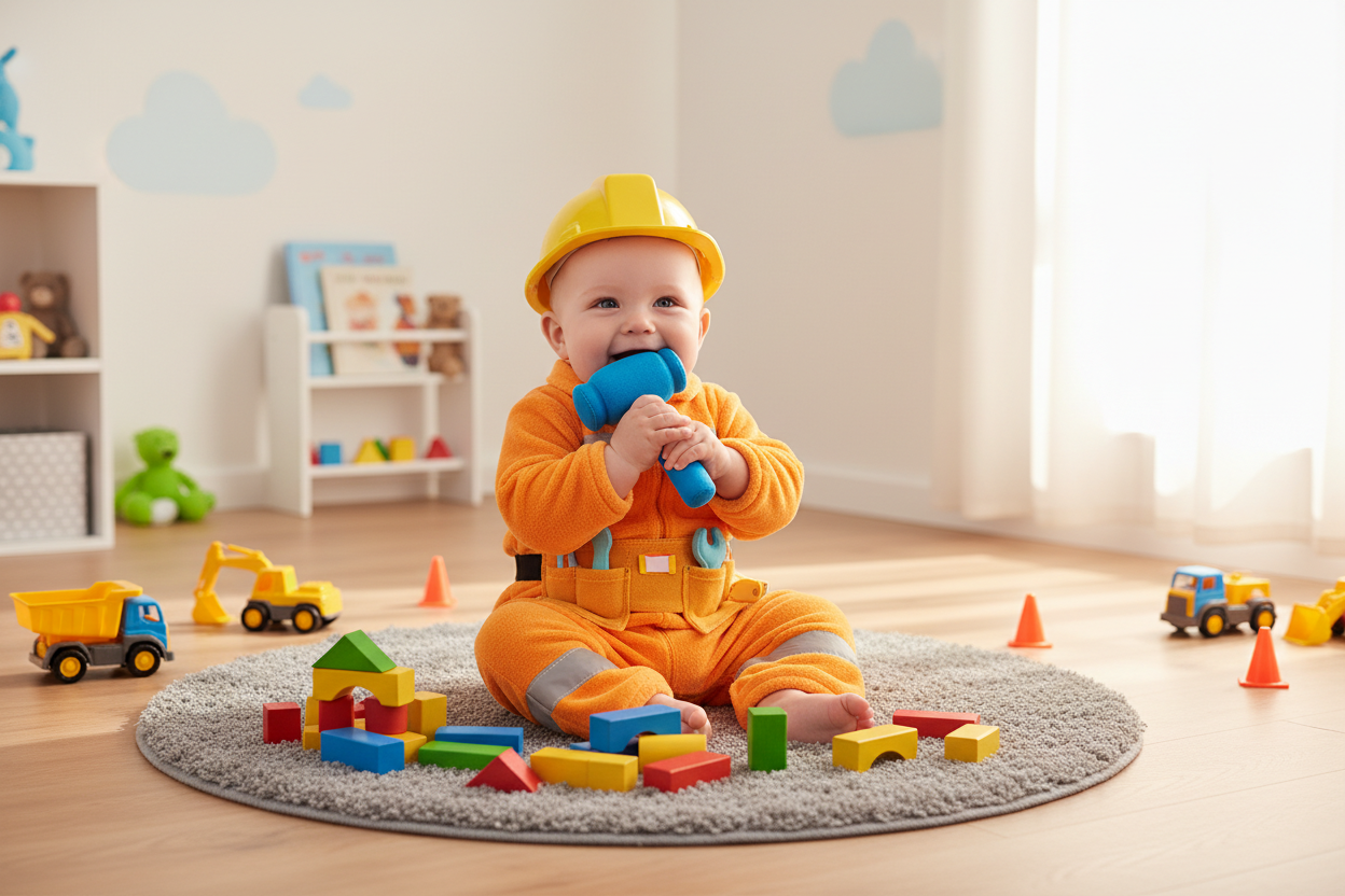 Smiling baby wearing a baby construction outfit and hard hat, playing with toy tools and building blocks
