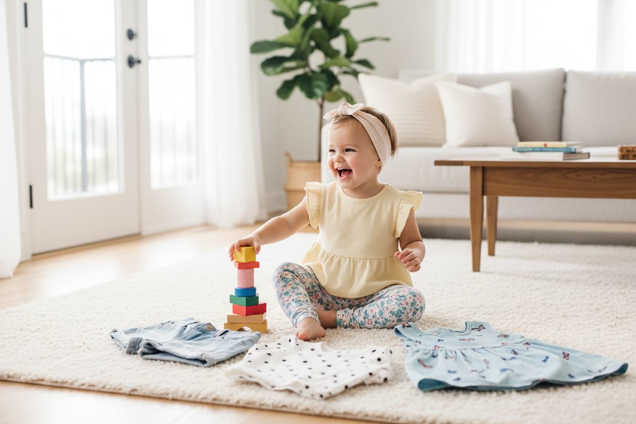Smiling toddler girl in a playful toddler girl outfit surrounded by cute clothing choices for inspiration