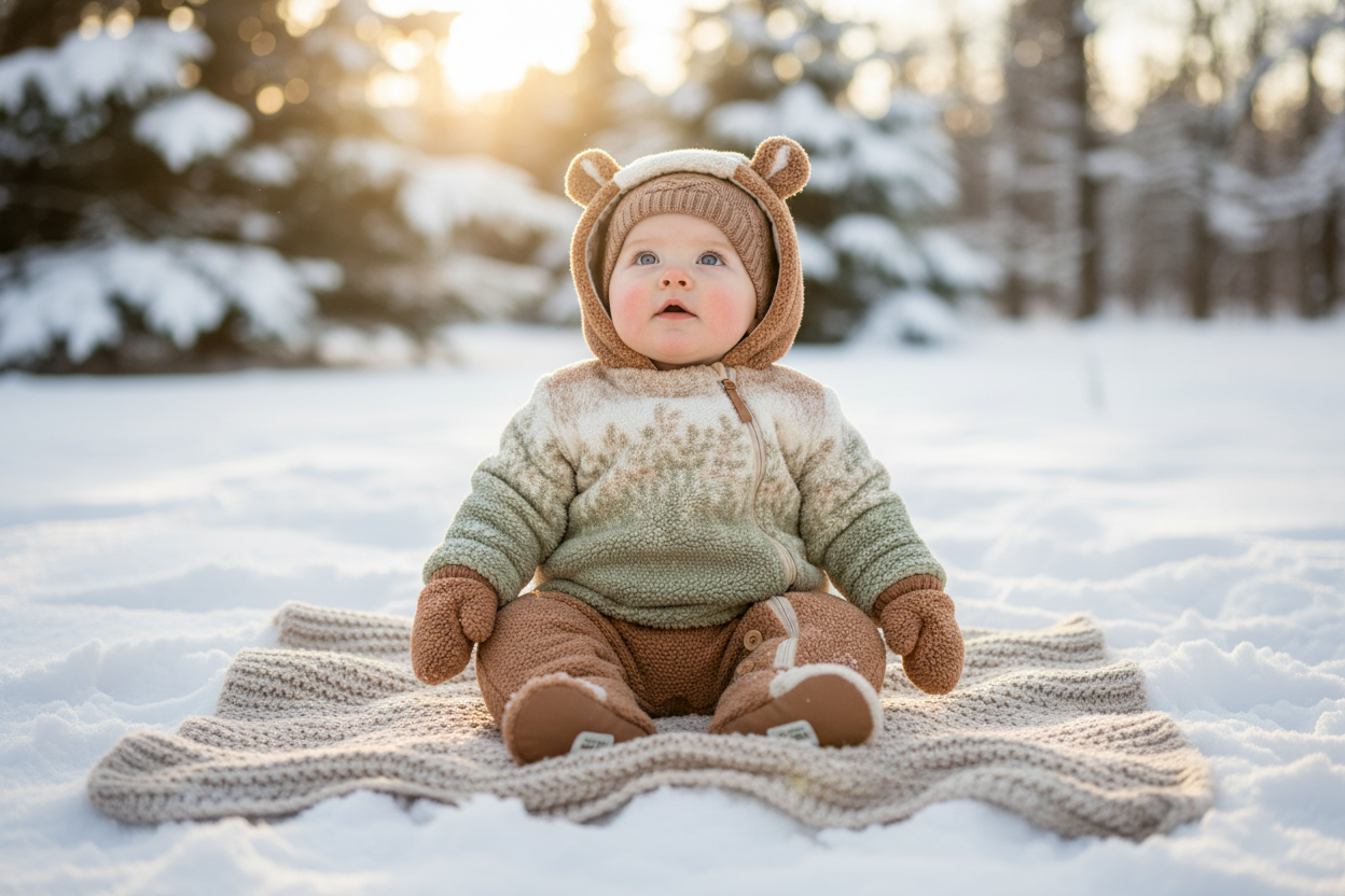 Adorable baby winter wear with cozy mittens and hood for outdoor warmth and comfort