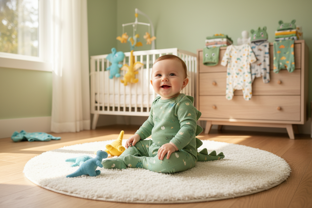 Smiling baby in a green dinosaur baby outfit surrounded by plush dinosaur toys in a cozy nursery
