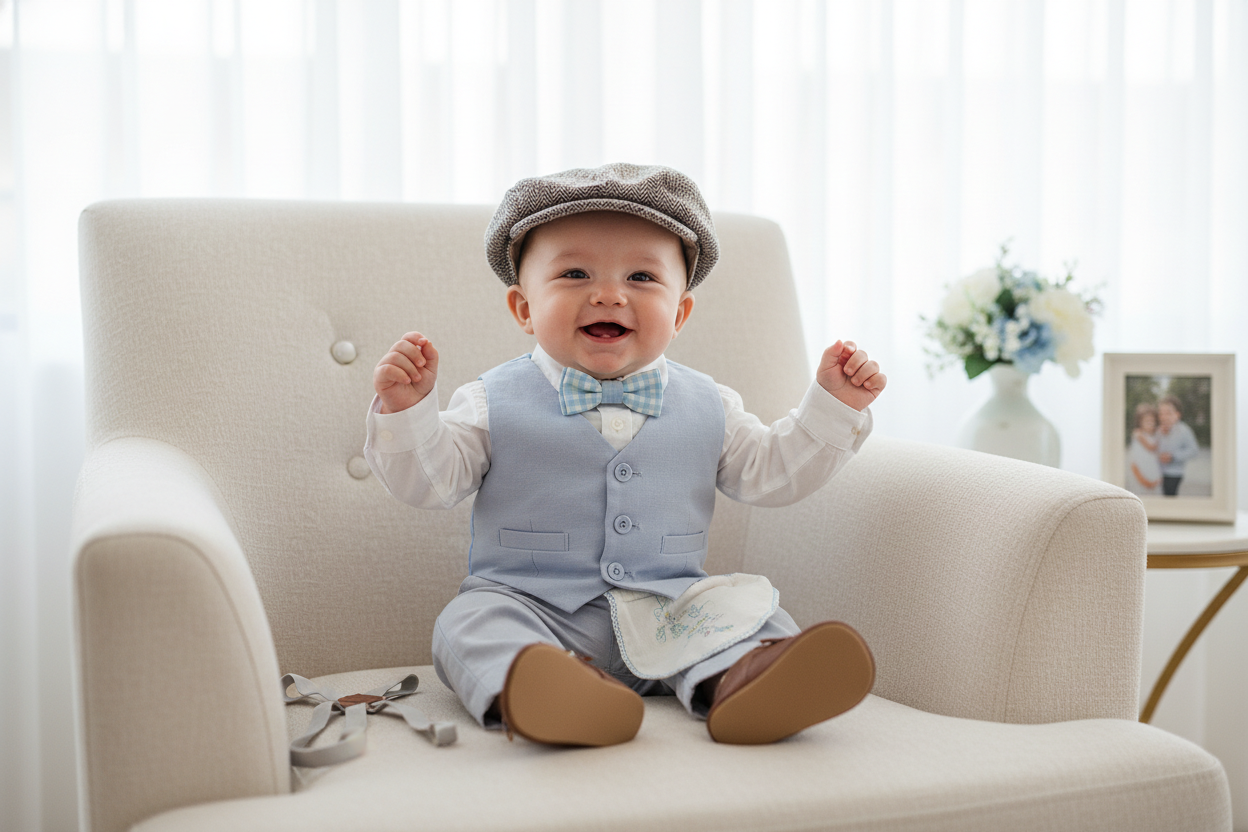 Smiling baby boy in stylish baby occasionwear outfit with bow tie and cap, perfect for special events