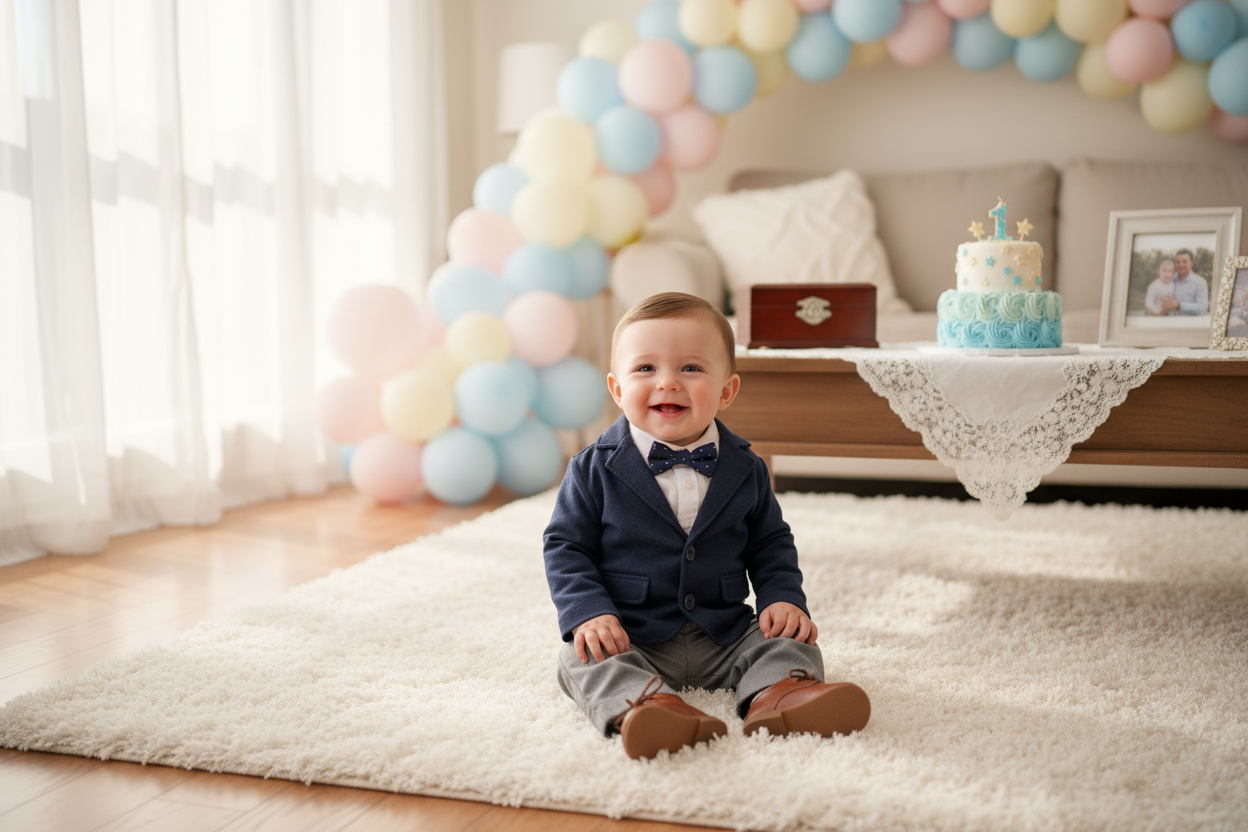 Smiling baby boy in stylish baby occasionwear with bow tie at a festive birthday celebration