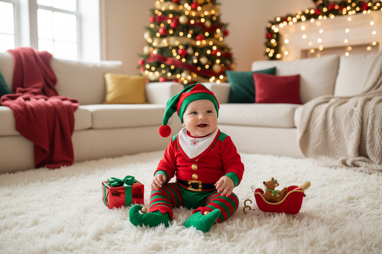 Smiling baby in festive Elf Baby outfit with Christmas decorations, perfect holiday inspiration for parents