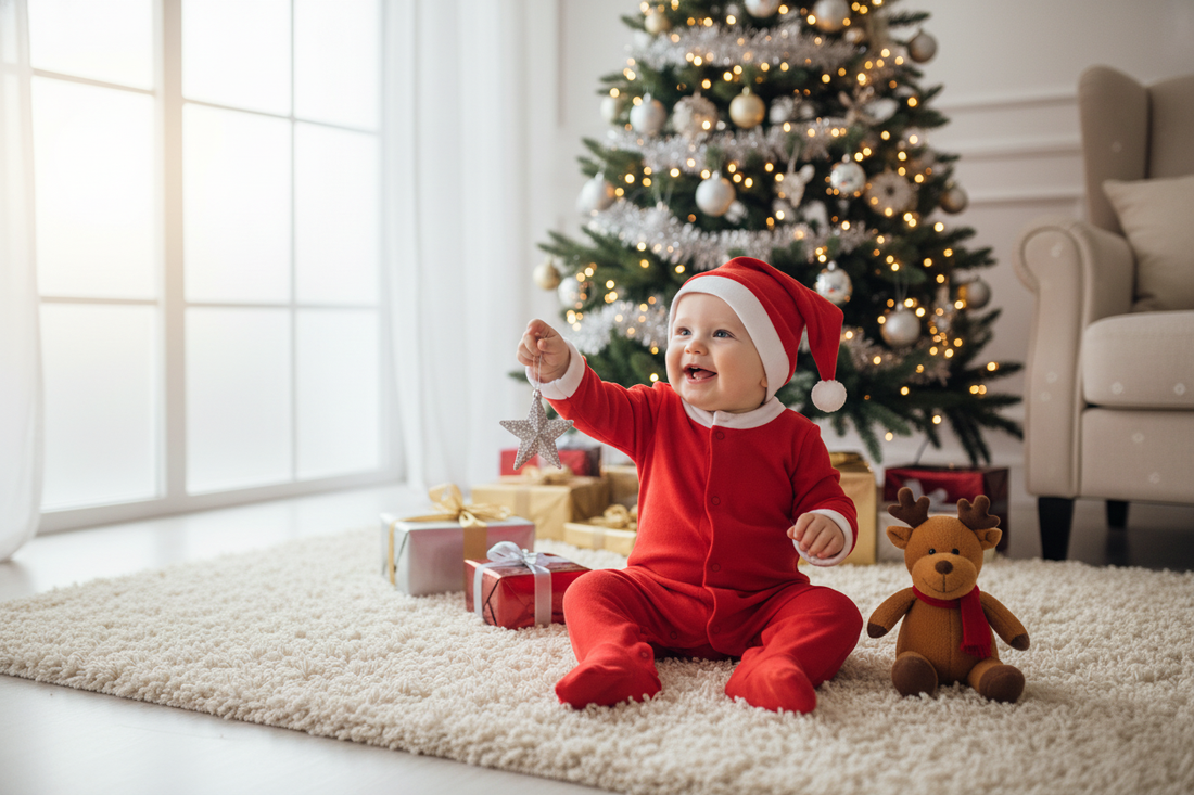 Adorable baby holiday outfit ideas with a festive red Santa suit and cozy Christmas decor