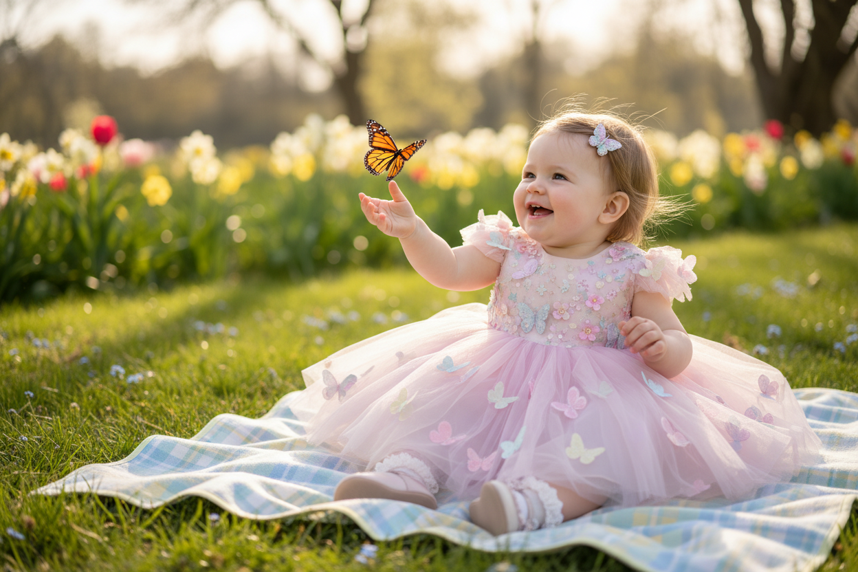 Smiling baby girl in a pink butterfly dress enjoying spring outdoors, perfect for special occasions or gift ideas