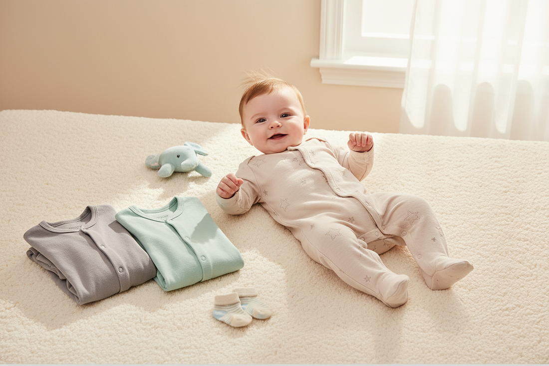 Smiling baby wearing a cozy footed jumpsuit, perfect for parents seeking comfortable baby sleepwear
