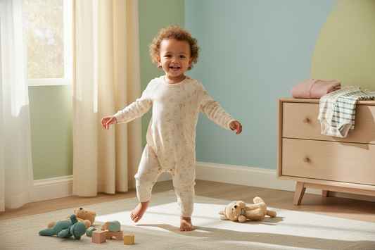 Smiling toddler wearing a cozy 18-24 month onesie, perfect for comfortable playtime at home