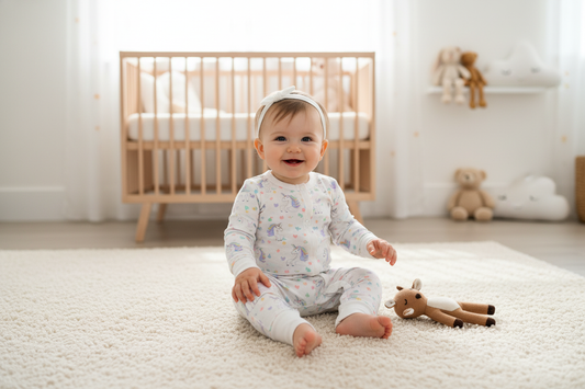 Smiling baby girl wearing a cozy jumpsuit in a bright nursery, perfect baby girl jumpsuit inspiration for parents