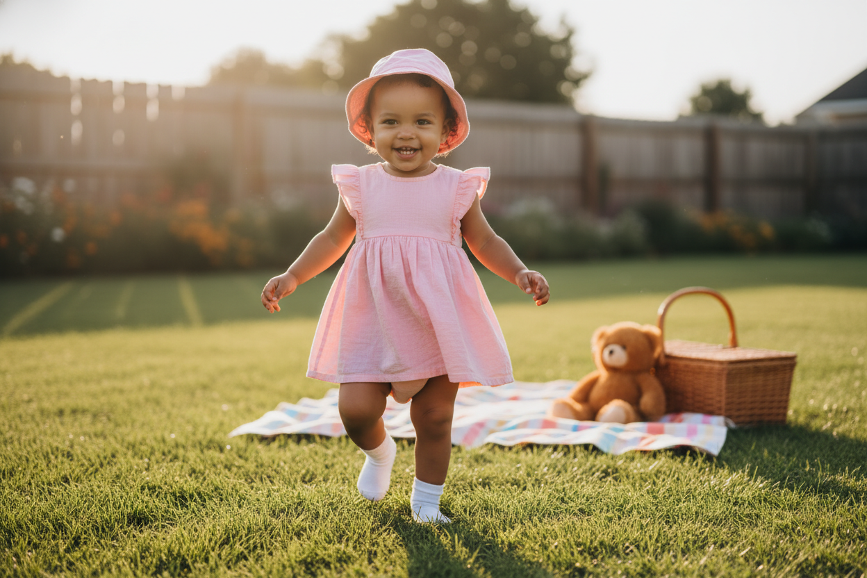 Smiling toddler wearing a pink cotton romper dress enjoying a sunny picnic in the backyard